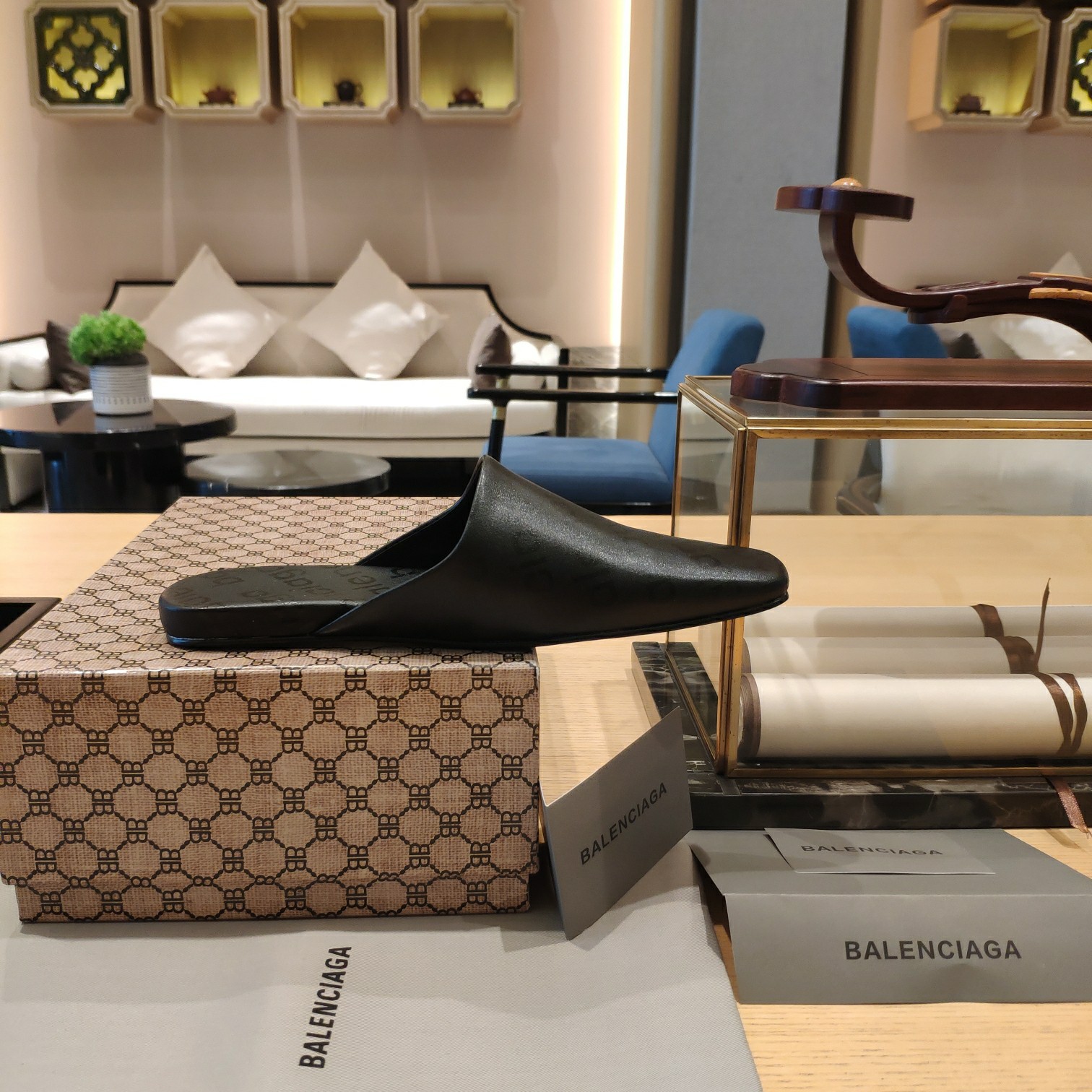 Balenciaga Logo  Leather Backless Loafers - DopestKickz