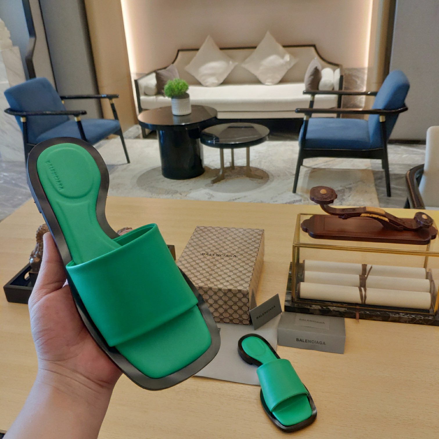 Balenciaga Logo Leather Slide Sandal - DopestKickz