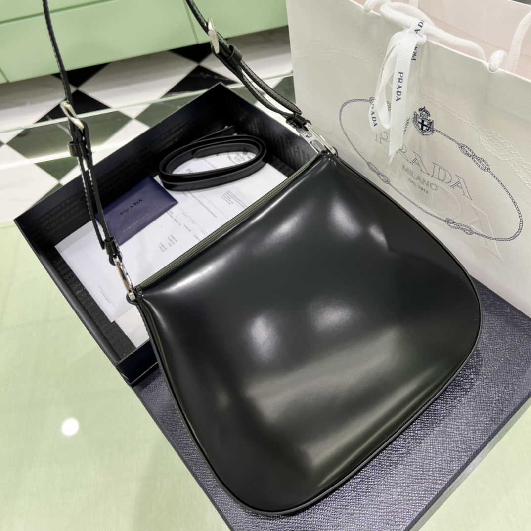 Prada Cleo Brushed Leather Shoulder Bag In Black(24-19-6cm)   1BD303 - DopestKickz