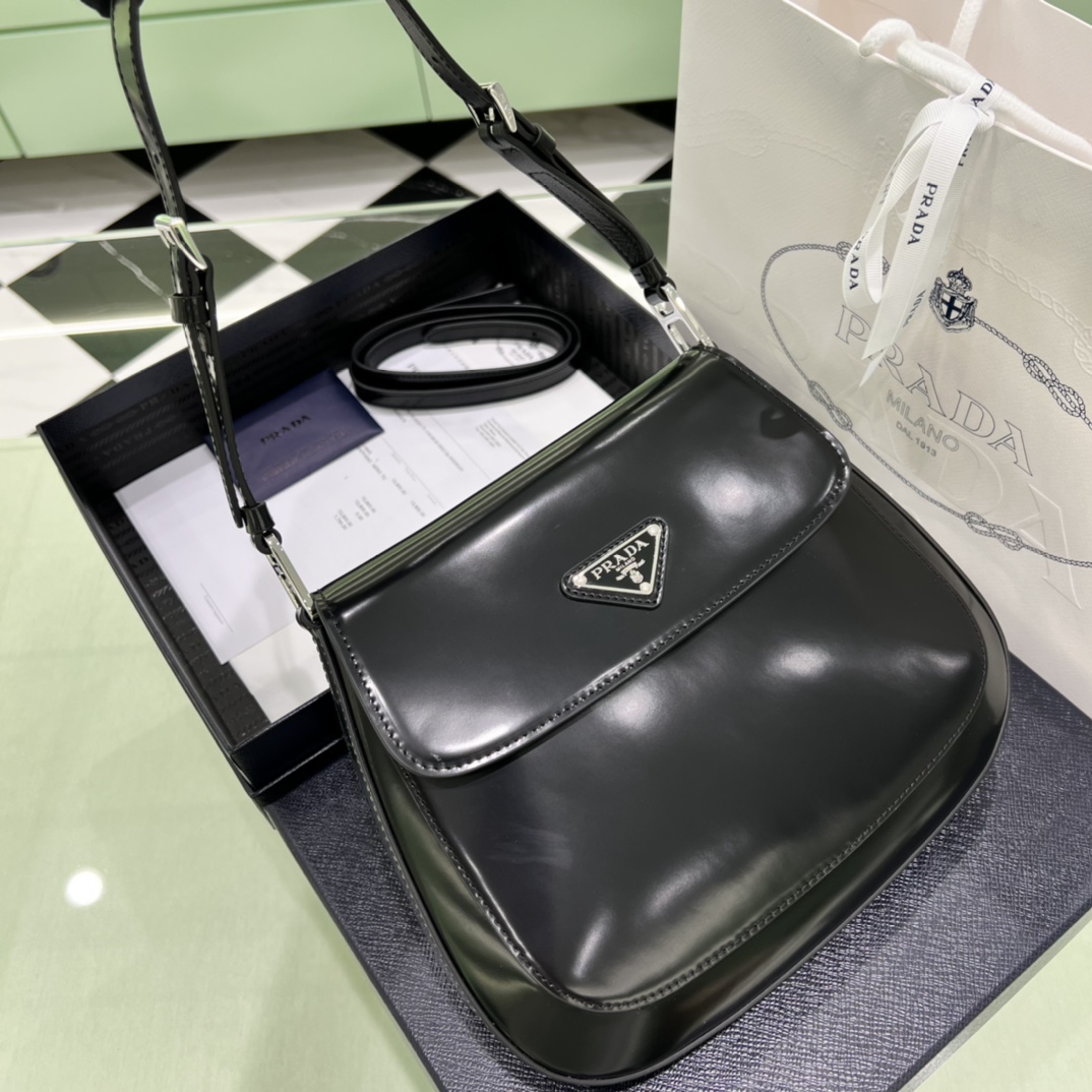 Prada Cleo Brushed Leather Shoulder Bag In Black(24-19-6cm)   1BD303 - DopestKickz