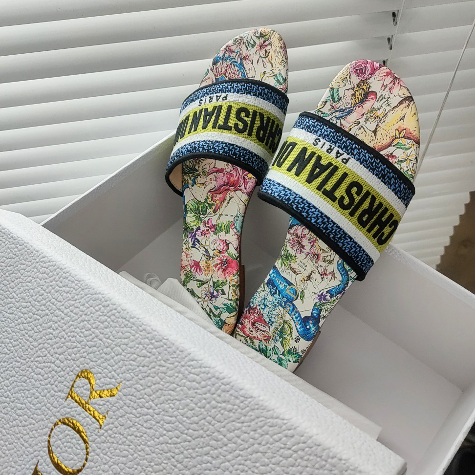 Dior Black Multicolor Embroidered Cotton With D-Constellation Motif Dway Slide - DopestKickz