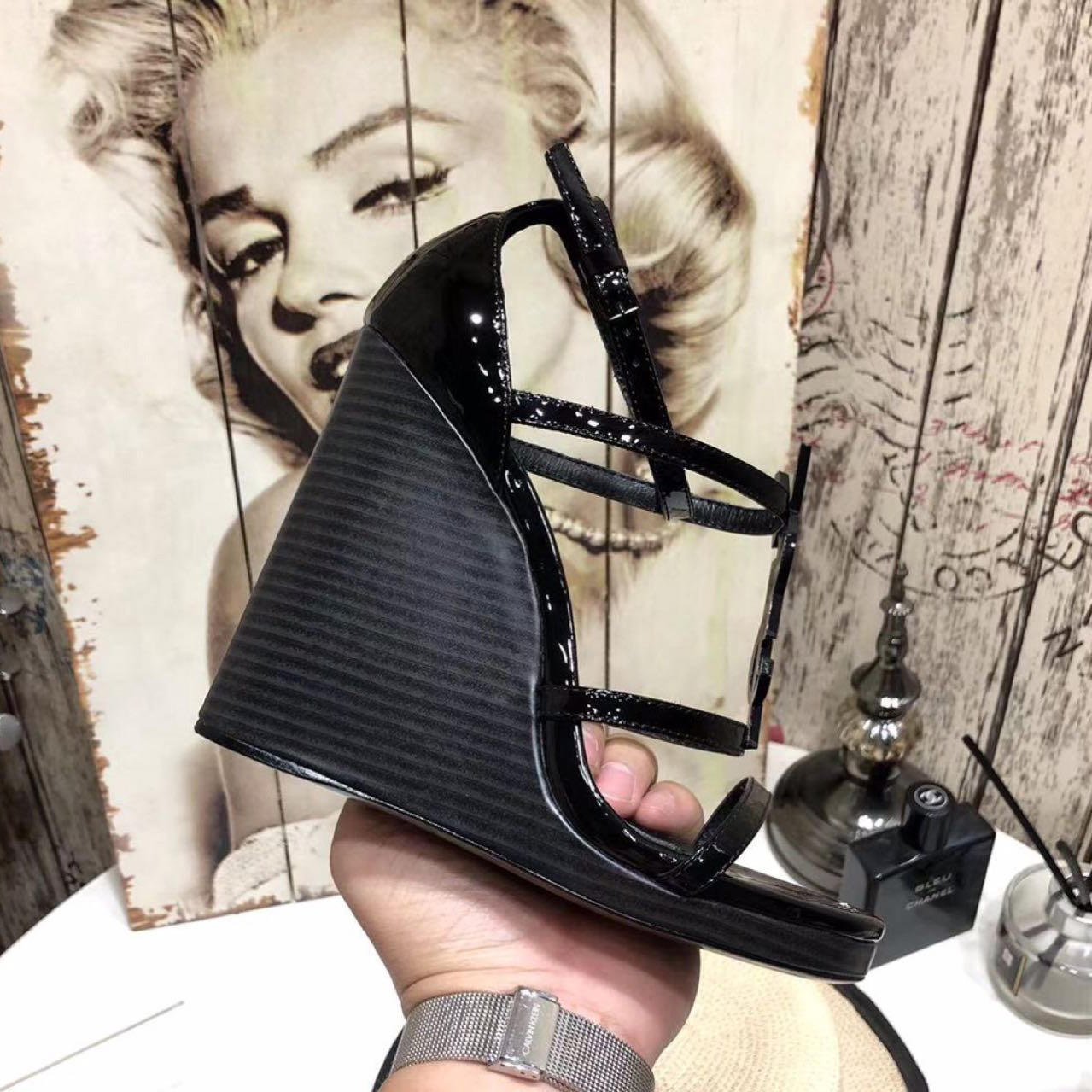 Saint Laurent Cassandra Wedge Espadrilles In Leather With Black Monogram - DopestKickz