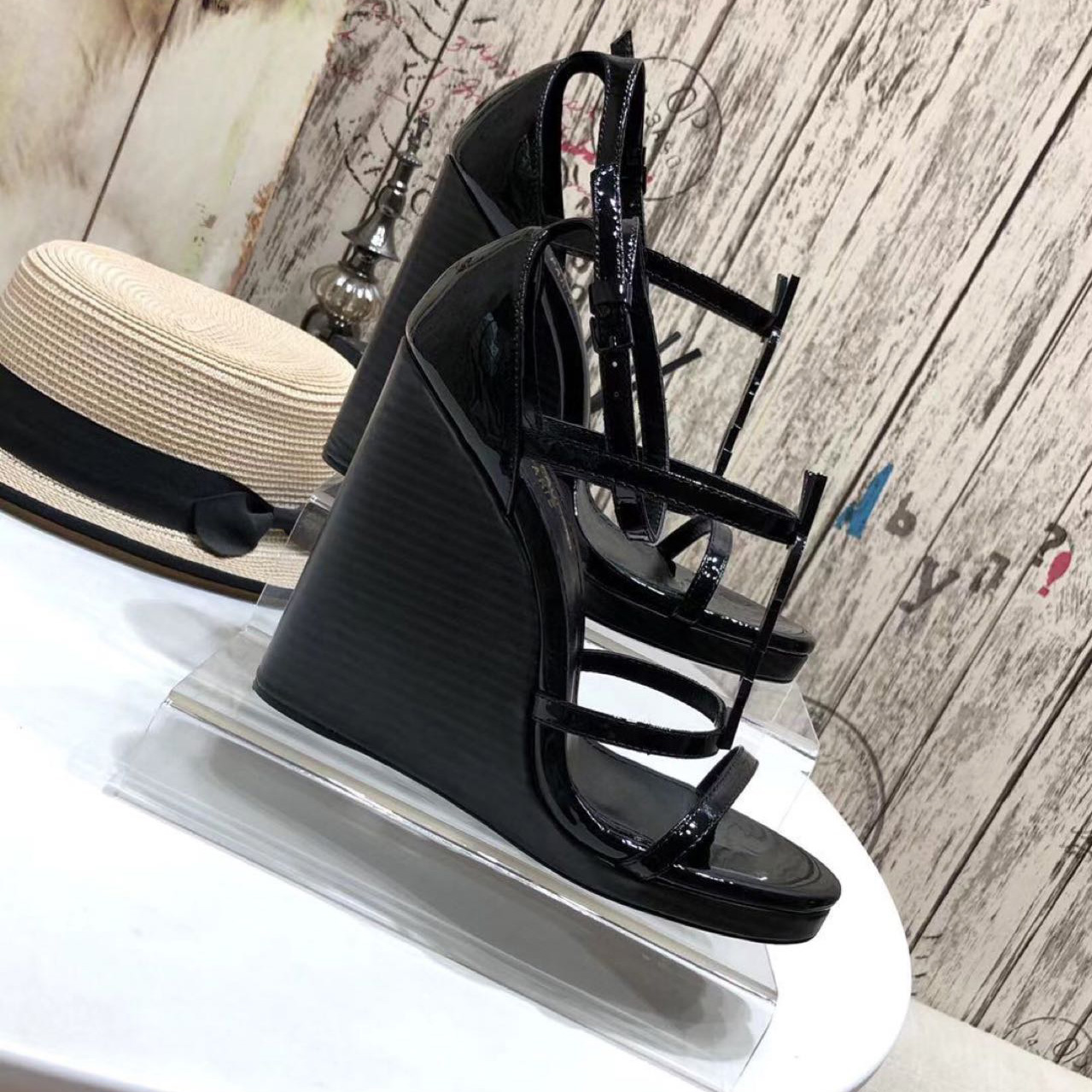 Saint Laurent Cassandra Wedge Espadrilles In Leather With Black Monogram - DopestKickz