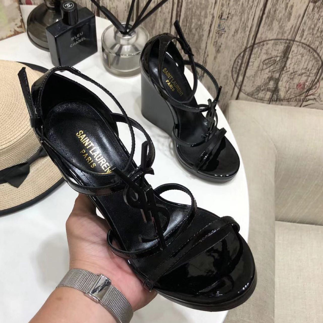 Saint Laurent Cassandra Wedge Espadrilles In Leather With Black Monogram - DopestKickz