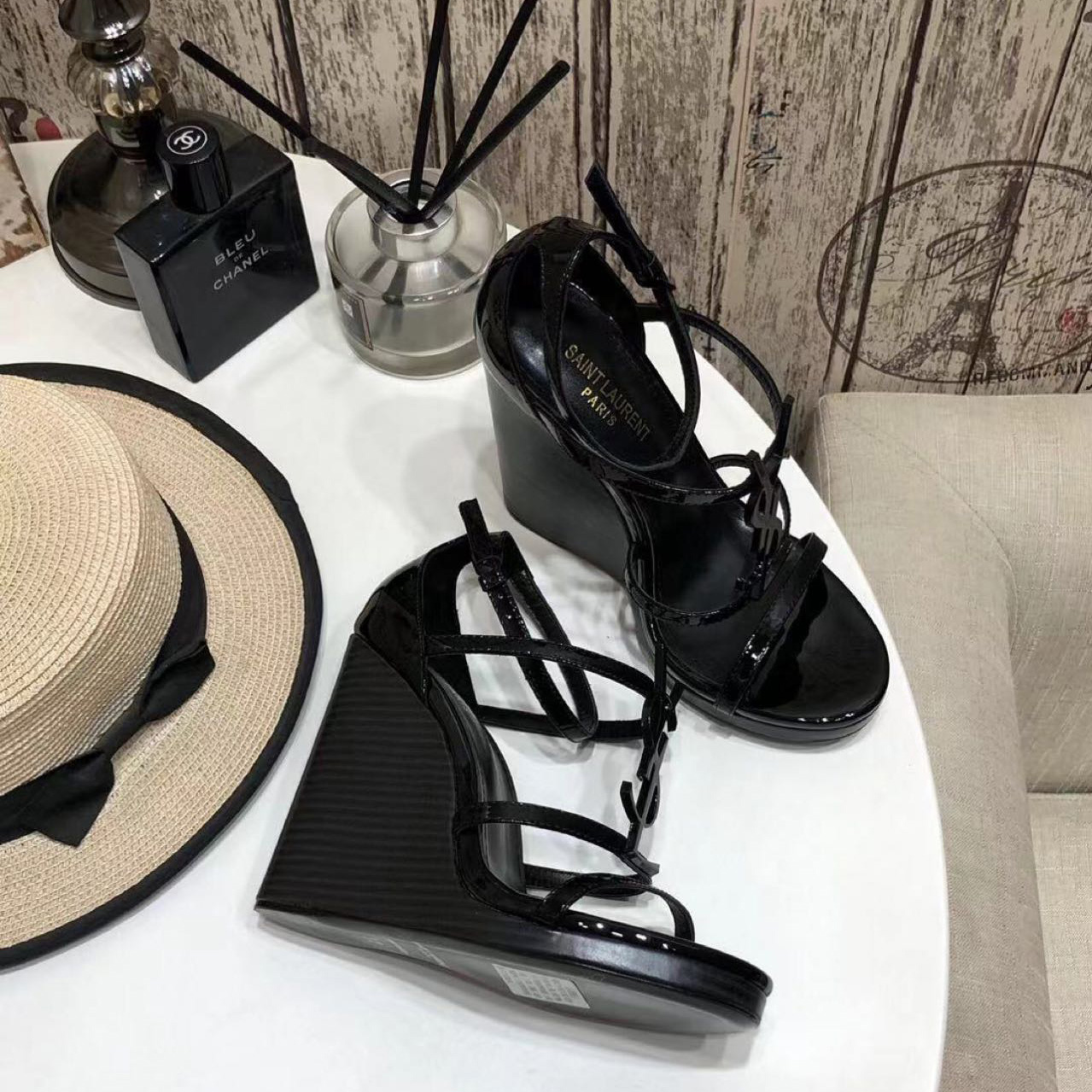 Saint Laurent Cassandra Wedge Espadrilles In Leather With Black Monogram - DopestKickz