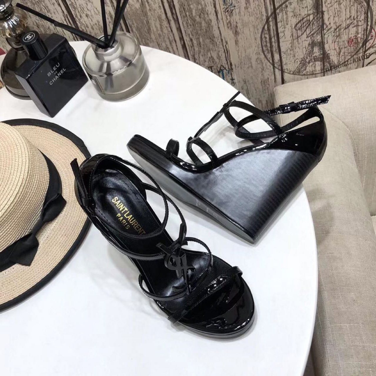 Saint Laurent Cassandra Wedge Espadrilles In Leather With Black Monogram - DopestKickz