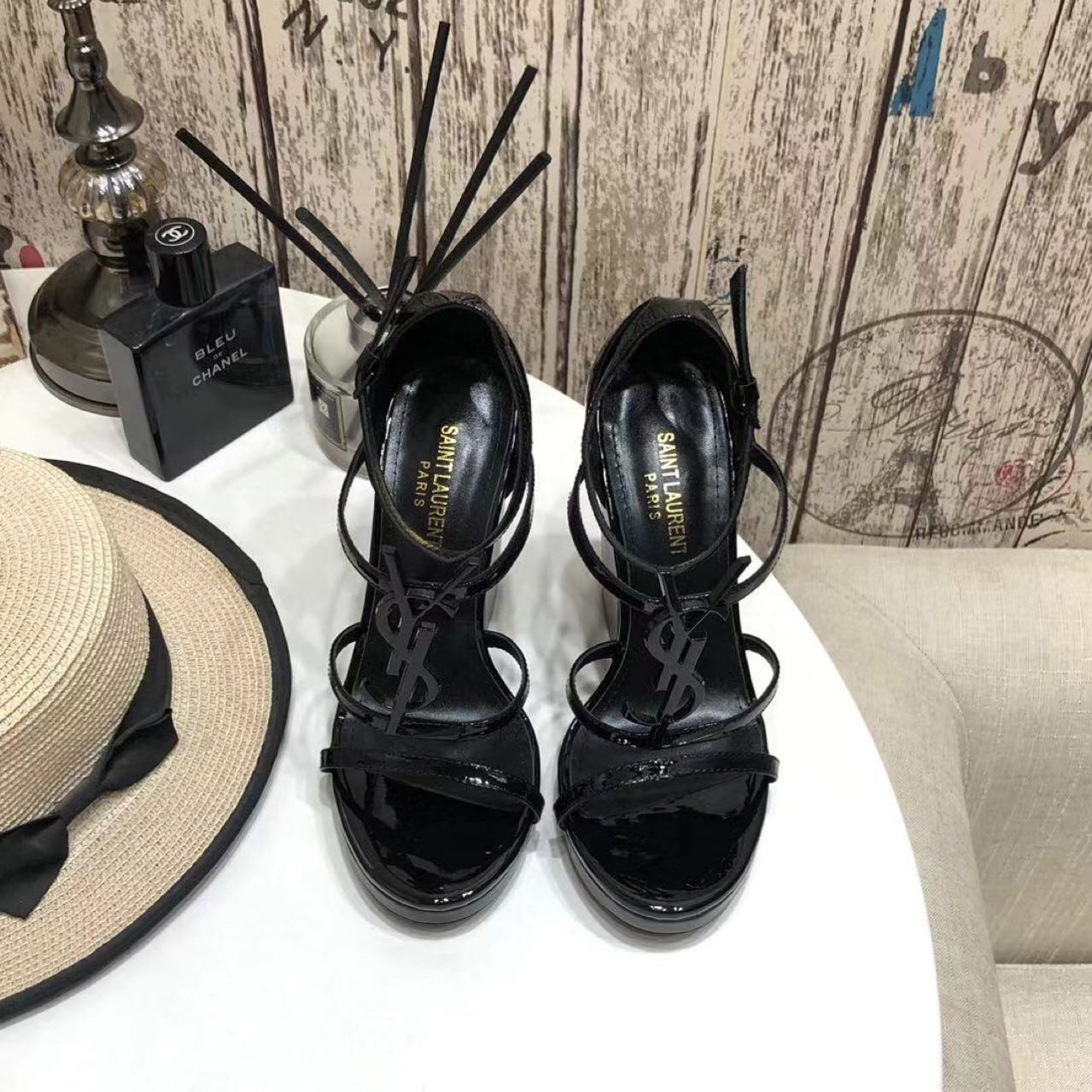 Saint Laurent Cassandra Wedge Espadrilles In Leather With Black Monogram - DopestKickz