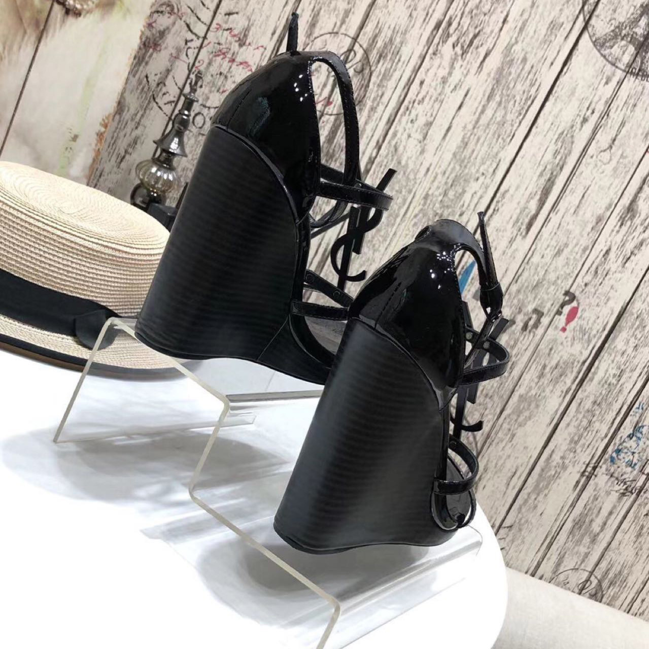 Saint Laurent Cassandra Wedge Espadrilles In Leather With Black Monogram - DopestKickz