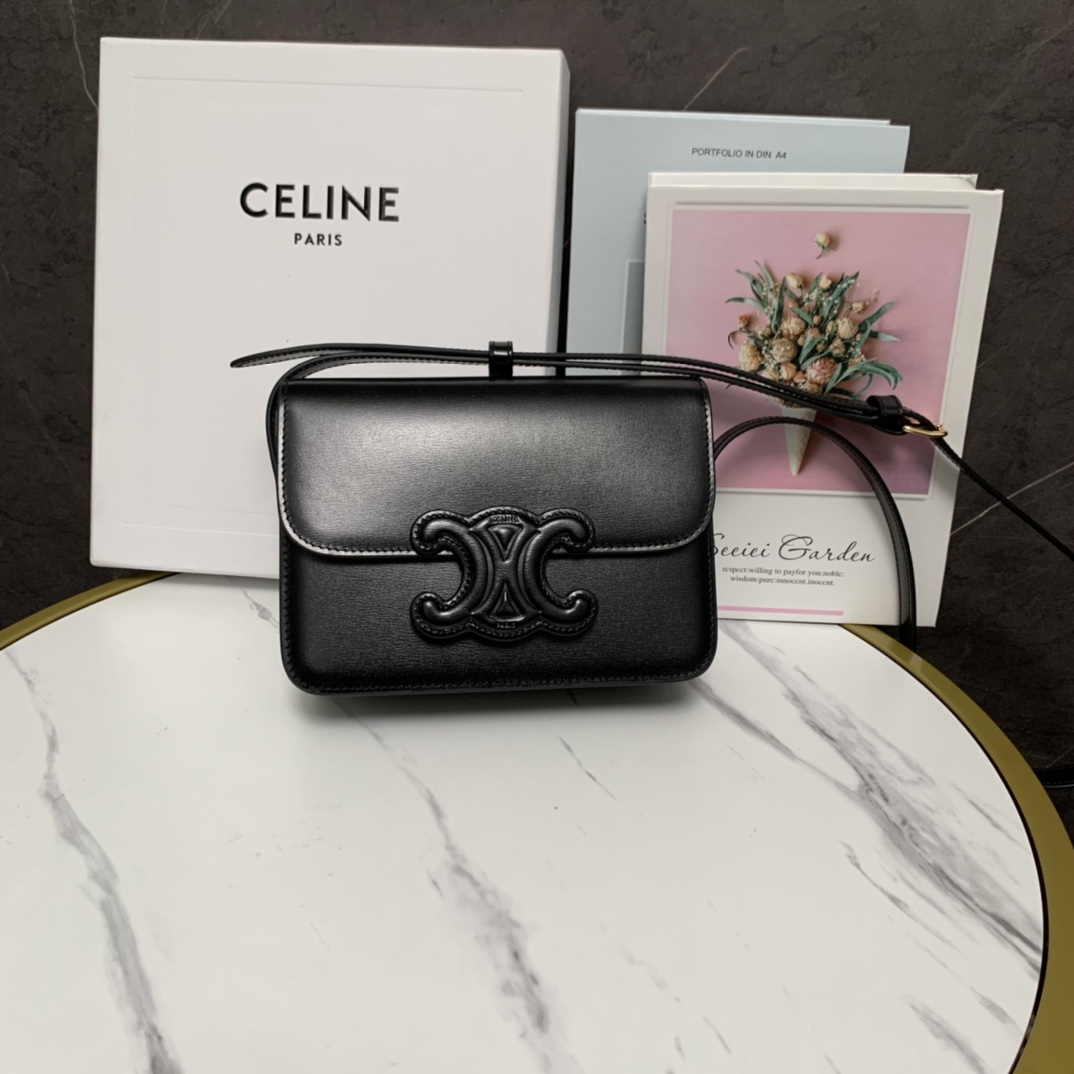 Celine Teen Bag Cuir Triomphe In Shiny Calfskin Black(18.5-14-8cm) - DopestKickz