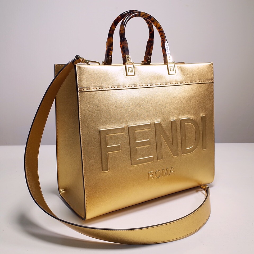 Fendi Sunshine Medium Shopper Bag In Gold Laminated Leather (35-31-17cm)  8BH386 - DopestKickz