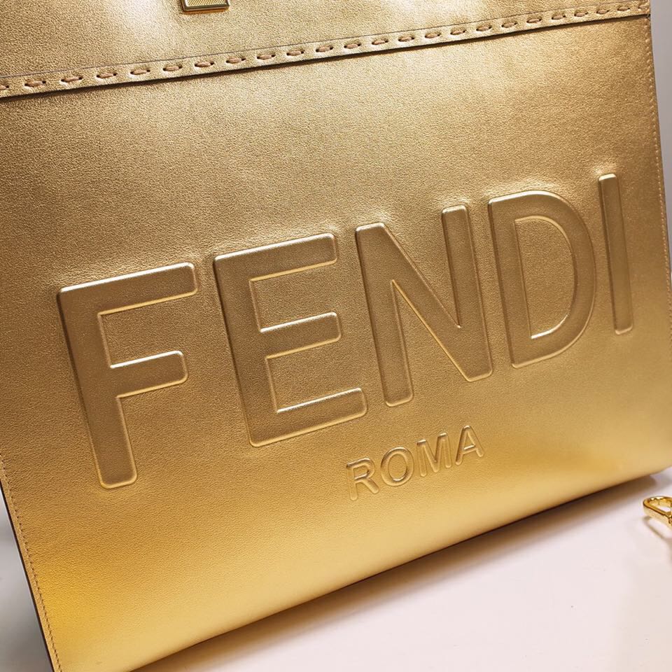 Fendi Sunshine Medium Shopper Bag In Gold Laminated Leather (35-31-17cm)  8BH386 - DopestKickz