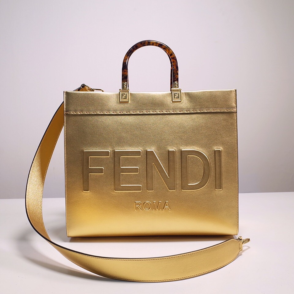 Fendi Sunshine Medium Shopper Bag In Gold Laminated Leather (35-31-17cm)  8BH386 - DopestKickz