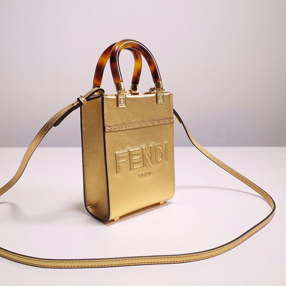 Fendi Mini Sunshine Shopper Bag In Gold Laminated Leather (13-18-6.5CM) - DopestKickz