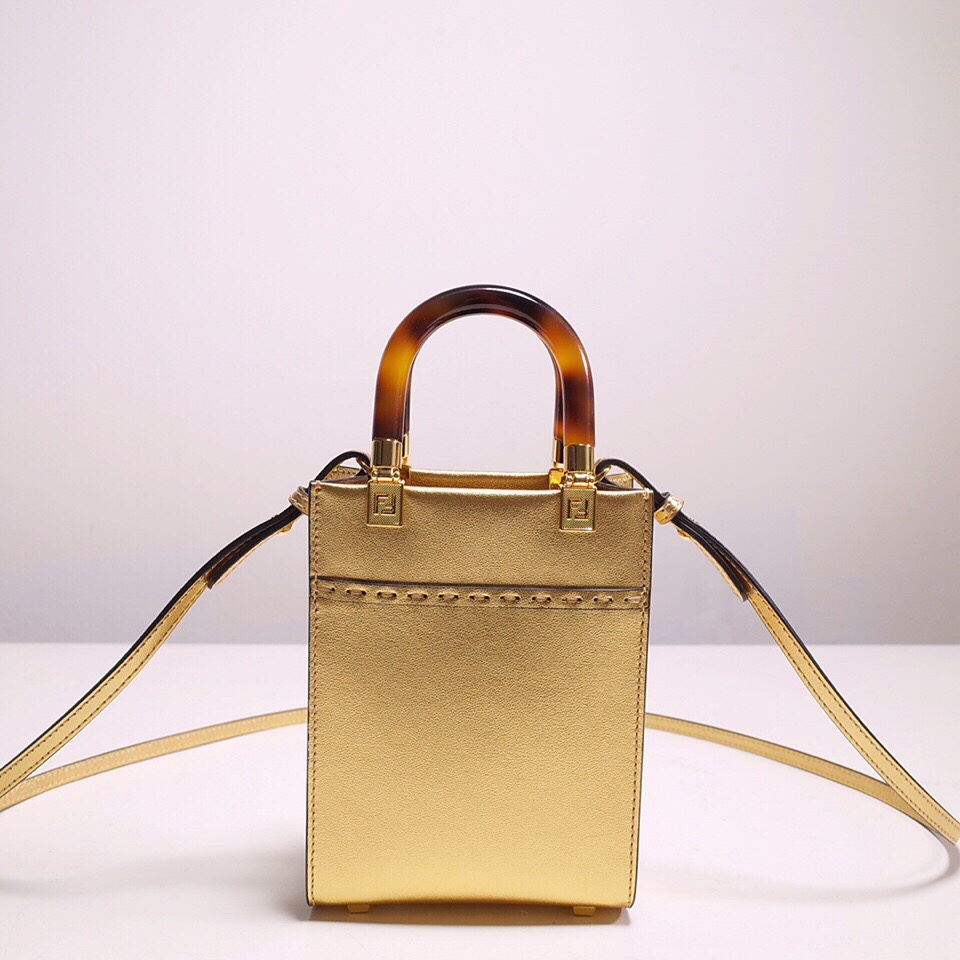 Fendi Mini Sunshine Shopper Bag In Gold Laminated Leather (13-18-6.5CM) - DopestKickz