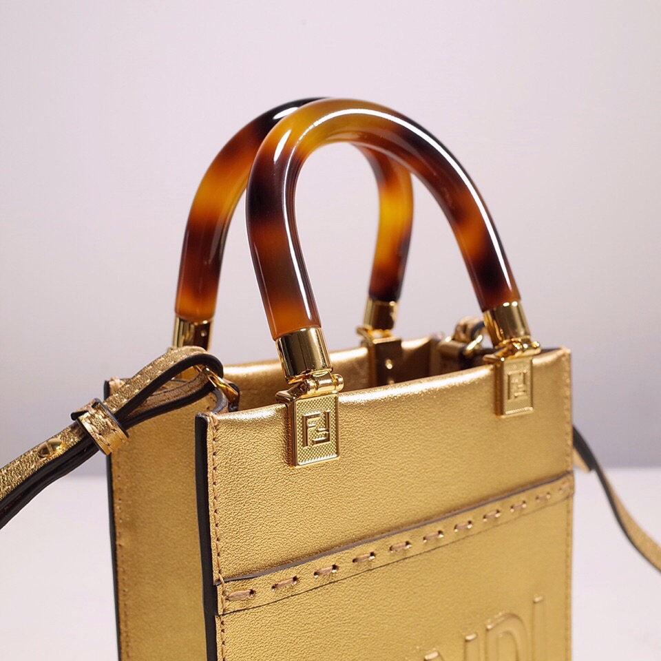 Fendi Mini Sunshine Shopper Bag In Gold Laminated Leather (13-18-6.5CM) - DopestKickz