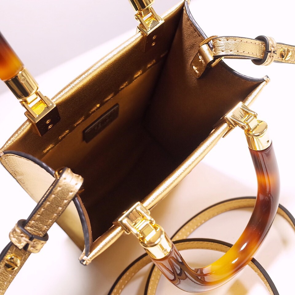 Fendi Mini Sunshine Shopper Bag In Gold Laminated Leather (13-18-6.5CM) - DopestKickz