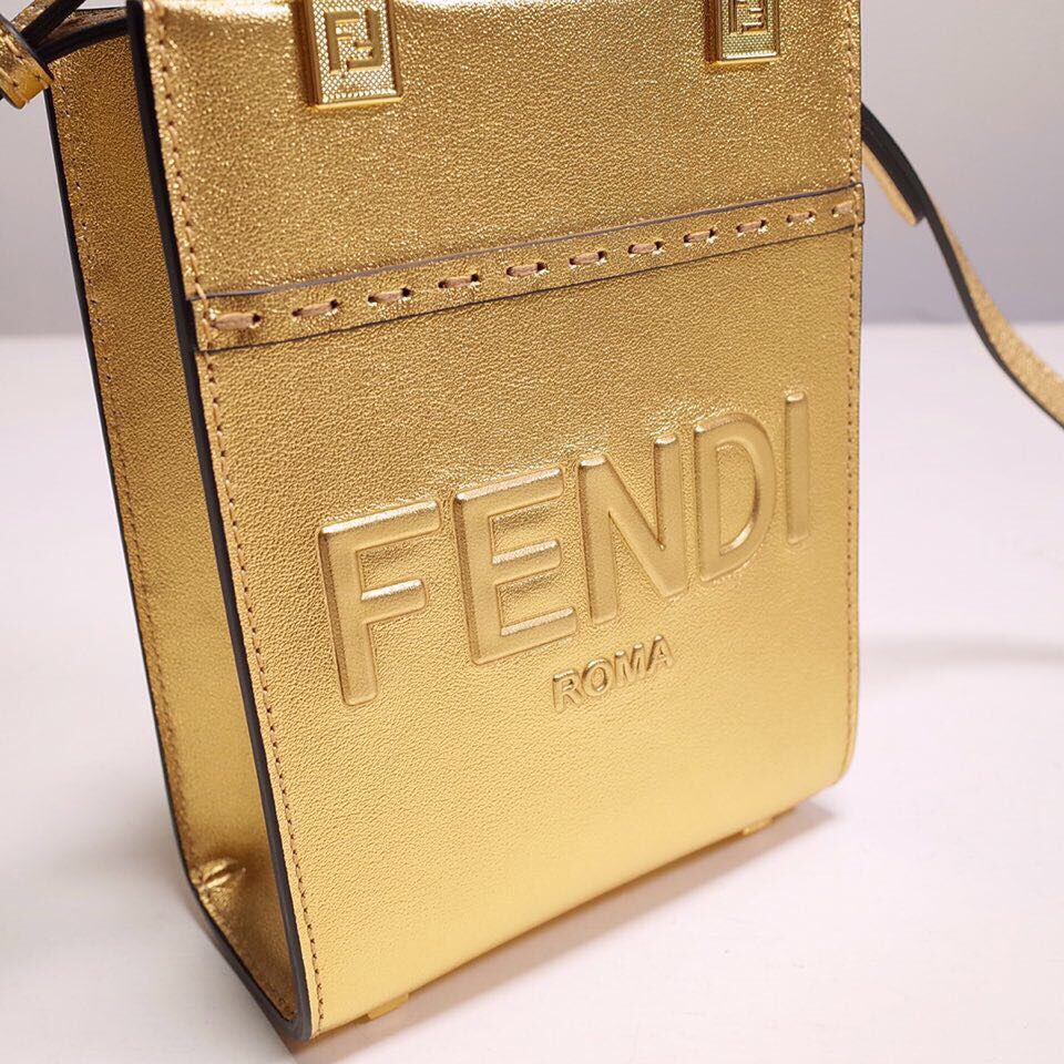 Fendi Mini Sunshine Shopper Bag In Gold Laminated Leather (13-18-6.5CM) - DopestKickz