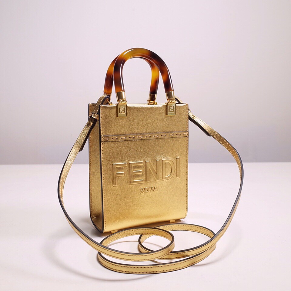 Fendi Mini Sunshine Shopper Bag In Gold Laminated Leather (13-18-6.5CM) - DopestKickz