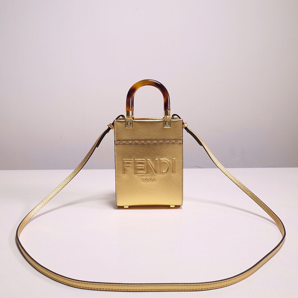 Fendi Mini Sunshine Shopper Bag In Gold Laminated Leather (13-18-6.5CM) - DopestKickz