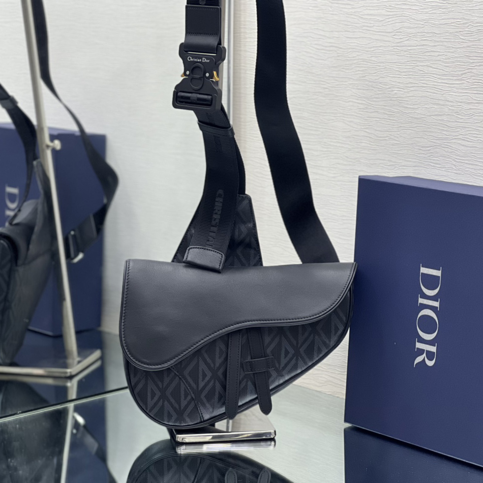 Dior Black CD Diamond Canvas And Smooth Calfskin Saddle Bag(26-19-4.5cm) 1ADPO093 - DopestKickz
