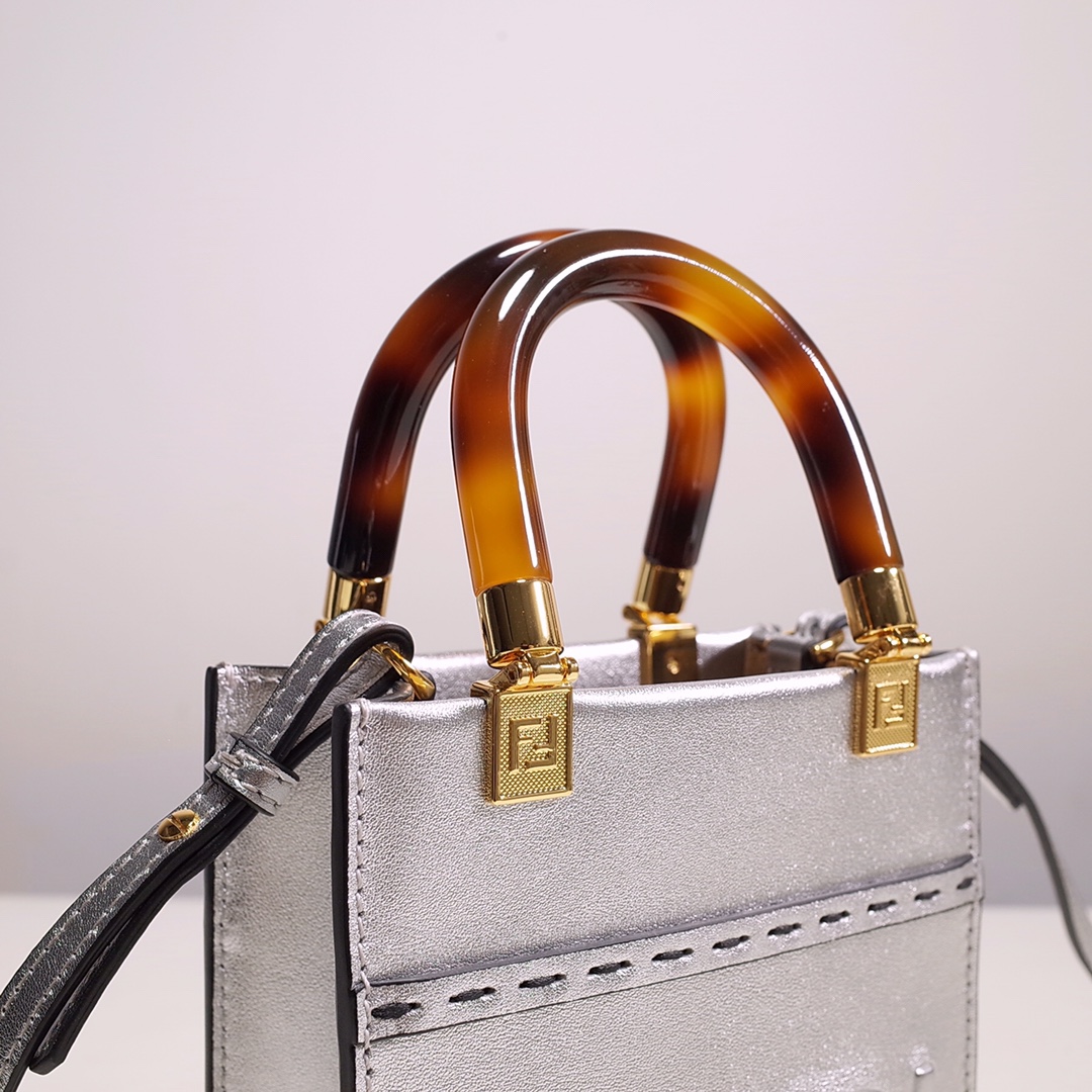 Fendi Mini Sunshine Shopper Bag In Silver Laminated Leather (13-18-6.5CM) - DopestKickz