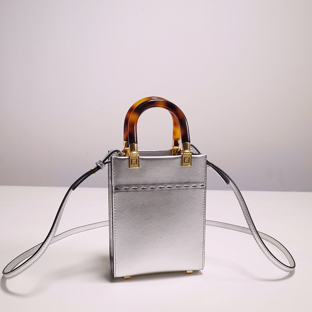 Fendi Mini Sunshine Shopper Bag In Silver Laminated Leather (13-18-6.5CM) - DopestKickz