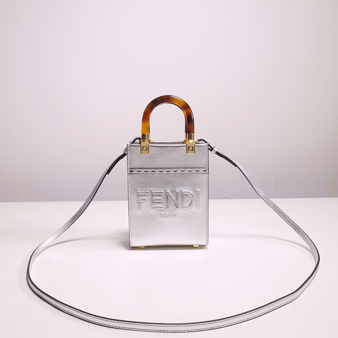 Fendi Mini Sunshine Shopper Bag In Silver Laminated Leather (13-18-6.5CM) - DopestKickz