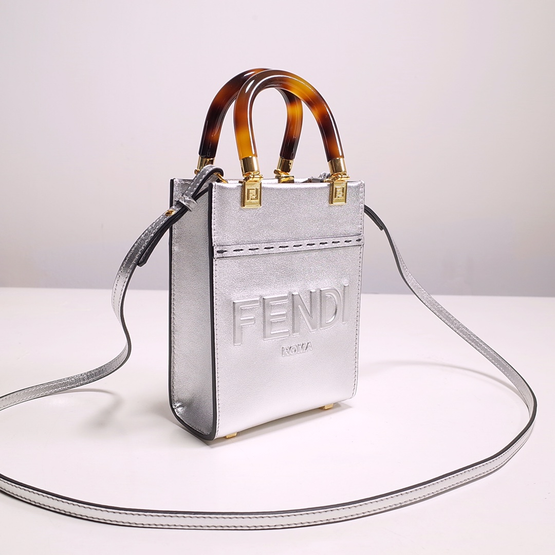Fendi Mini Sunshine Shopper Bag In Silver Laminated Leather (13-18-6.5CM) - DopestKickz