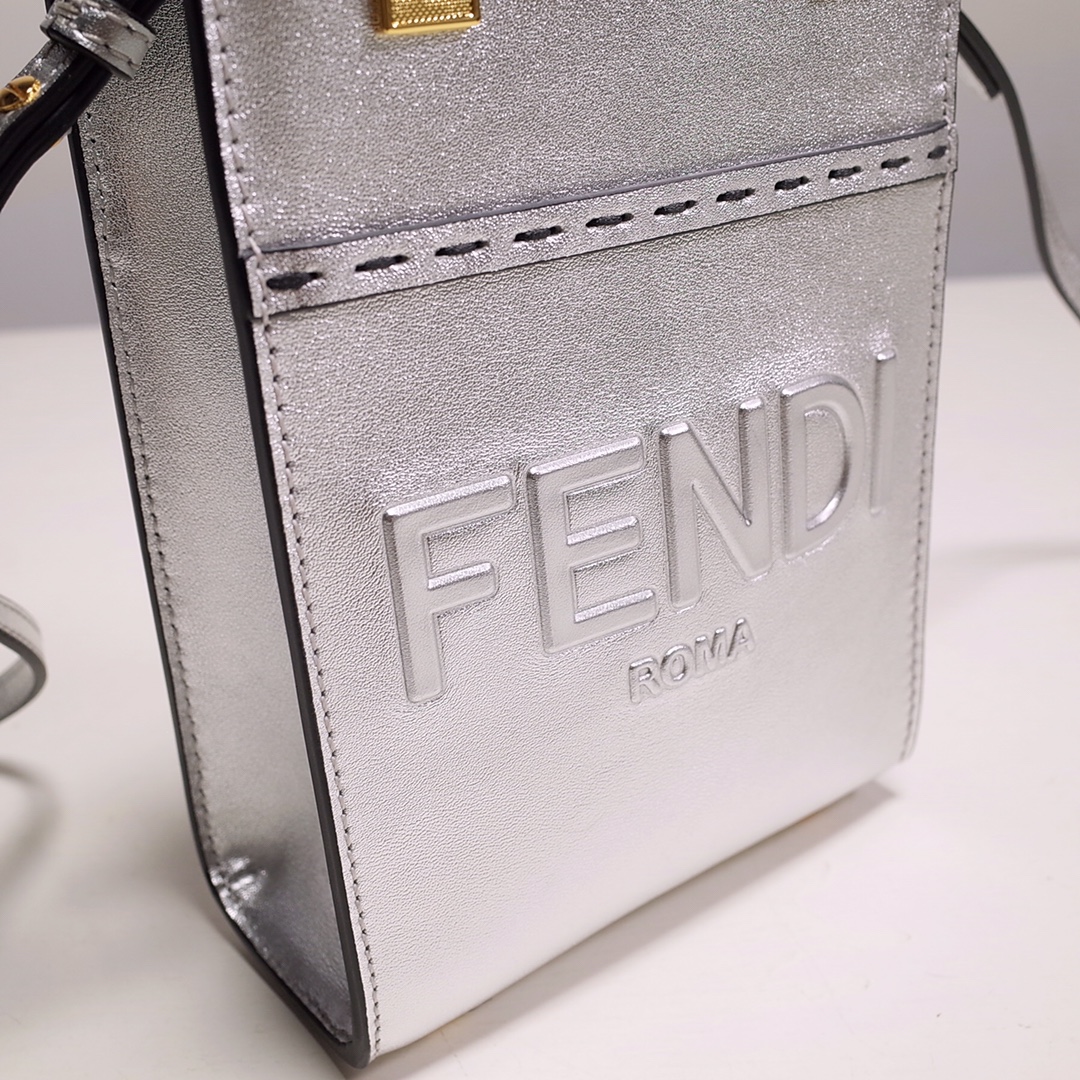 Fendi Mini Sunshine Shopper Bag In Silver Laminated Leather (13-18-6.5CM) - DopestKickz