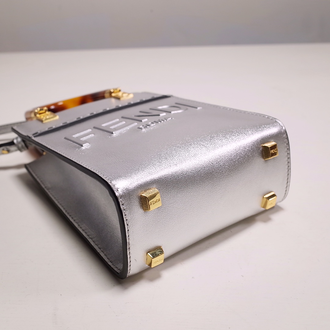 Fendi Mini Sunshine Shopper Bag In Silver Laminated Leather (13-18-6.5CM) - DopestKickz