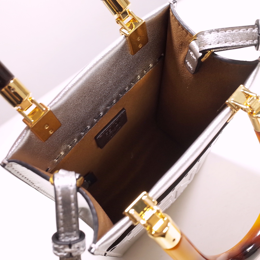 Fendi Mini Sunshine Shopper Bag In Silver Laminated Leather (13-18-6.5CM) - DopestKickz