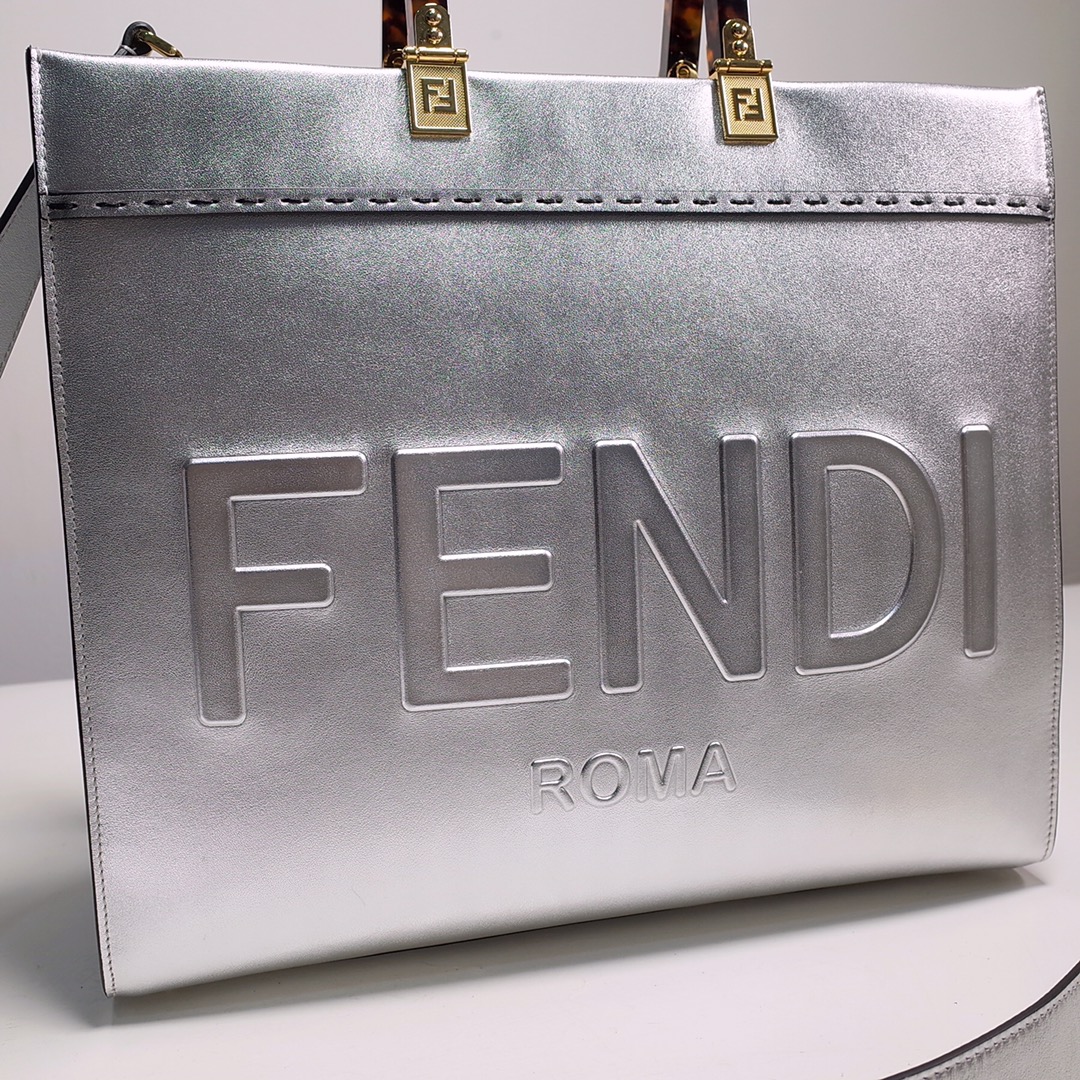 Fendi Sunshine Medium Shopper Bag In Silver Laminated Leather (35-31-17cm)  8BH386 - DopestKickz