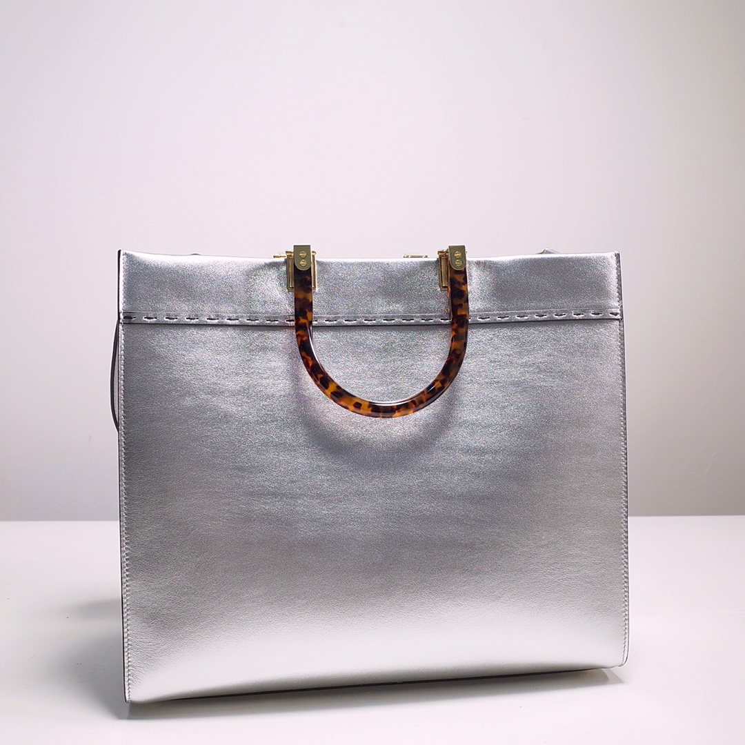 Fendi Sunshine Medium Shopper Bag In Silver Laminated Leather (35-31-17cm)  8BH386 - DopestKickz