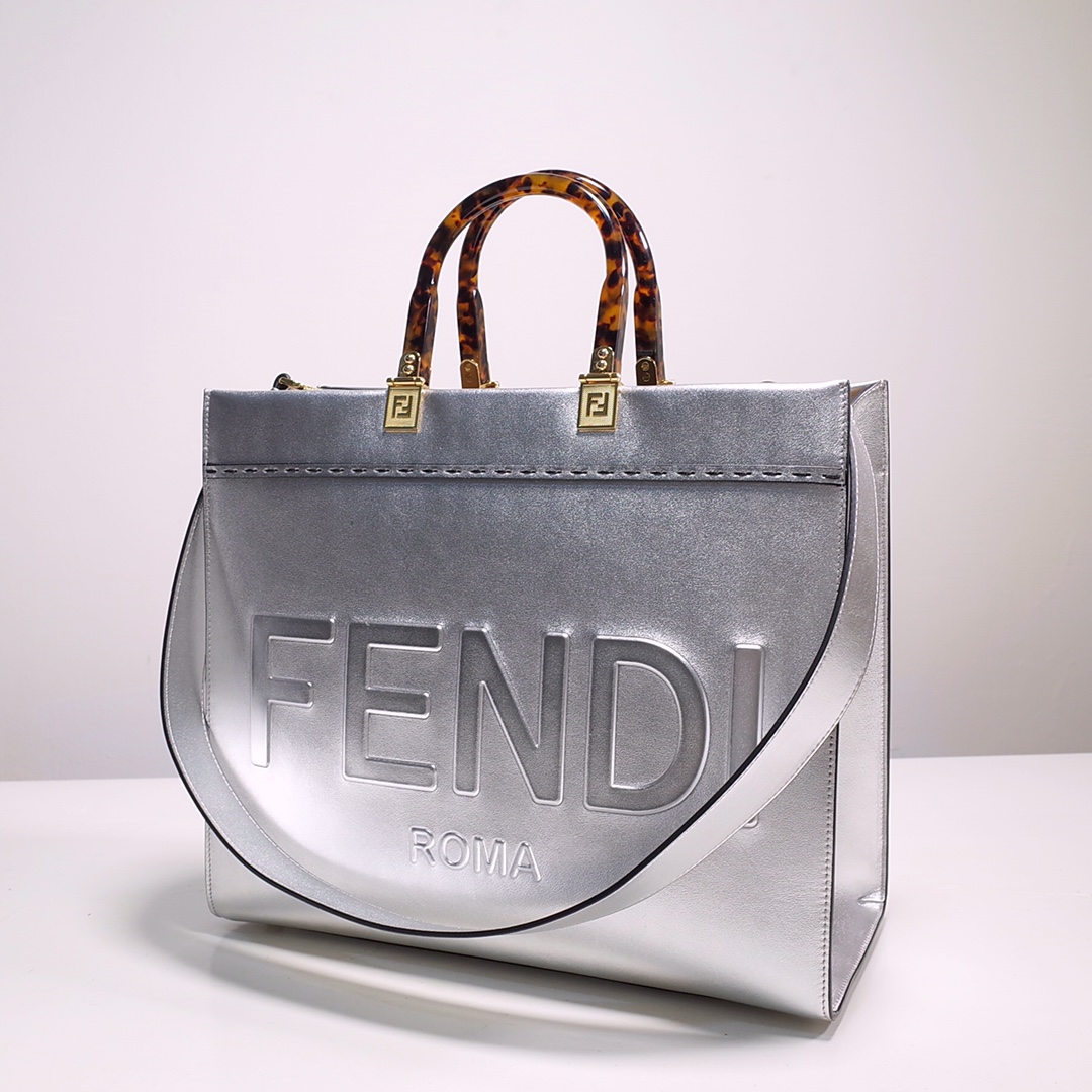Fendi Sunshine Medium Shopper Bag In Silver Laminated Leather (35-31-17cm)  8BH386 - DopestKickz