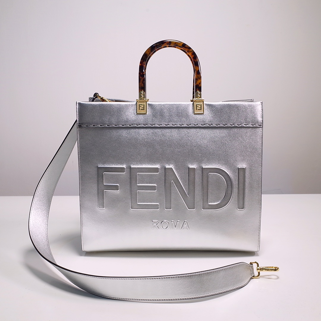 Fendi Sunshine Medium Shopper Bag In Silver Laminated Leather (35-31-17cm)  8BH386 - DopestKickz