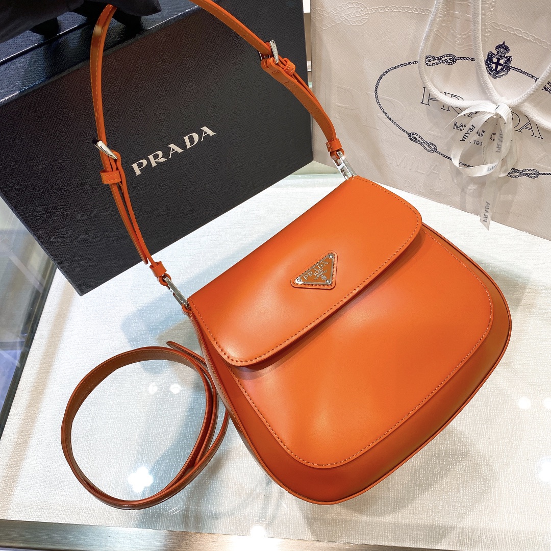 Prada Cleo Brushed Leather Shoulder Bag In Orange(24-19-6cm)   1BD303 - DopestKickz
