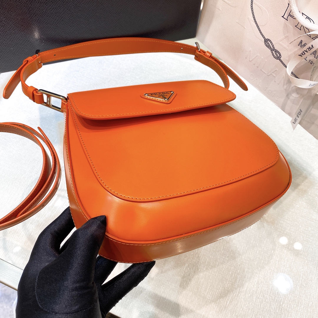 Prada Cleo Brushed Leather Shoulder Bag In Orange(24-19-6cm)   1BD303 - DopestKickz