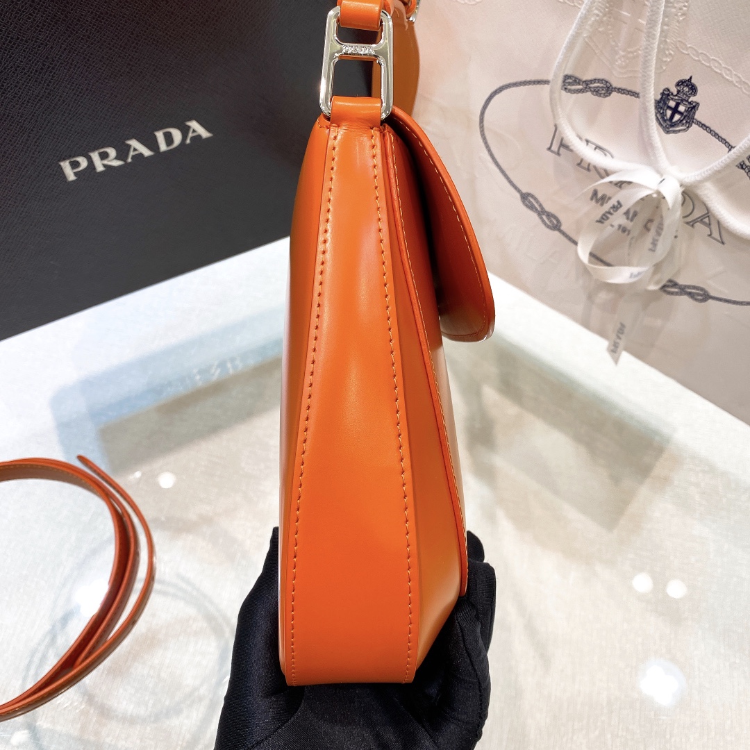 Prada Cleo Brushed Leather Shoulder Bag In Orange(24-19-6cm)   1BD303 - DopestKickz