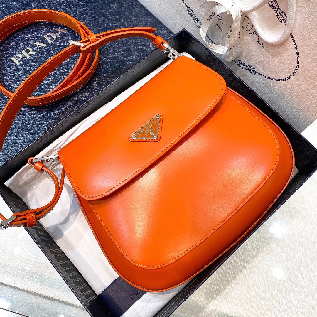 Prada Cleo Brushed Leather Shoulder Bag In Orange(24-19-6cm)   1BD303 - DopestKickz