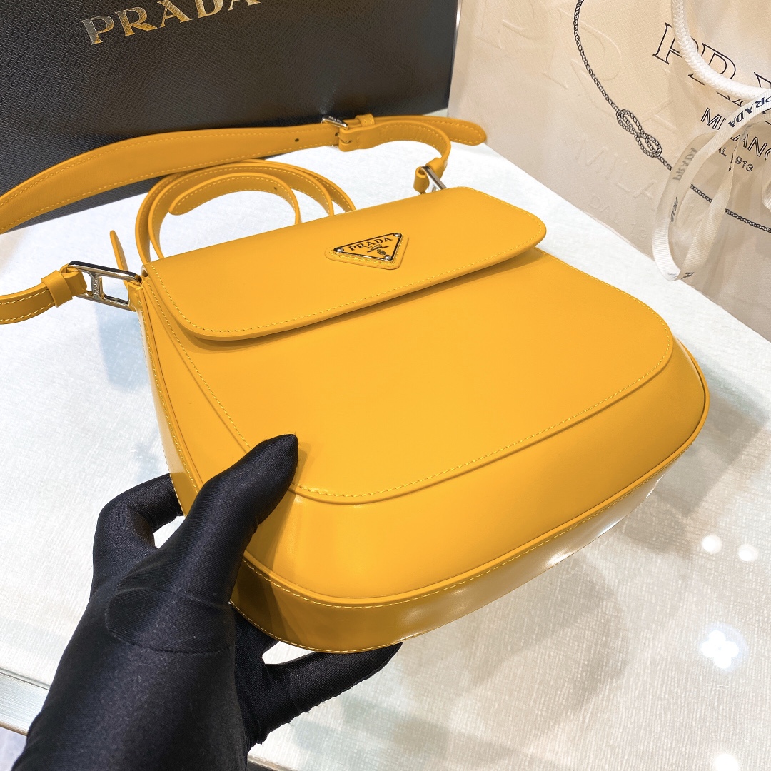 Prada Cleo Brushed Leather Shoulder Bag In Yellow(24-19-6cm)   1BD303 - DopestKickz
