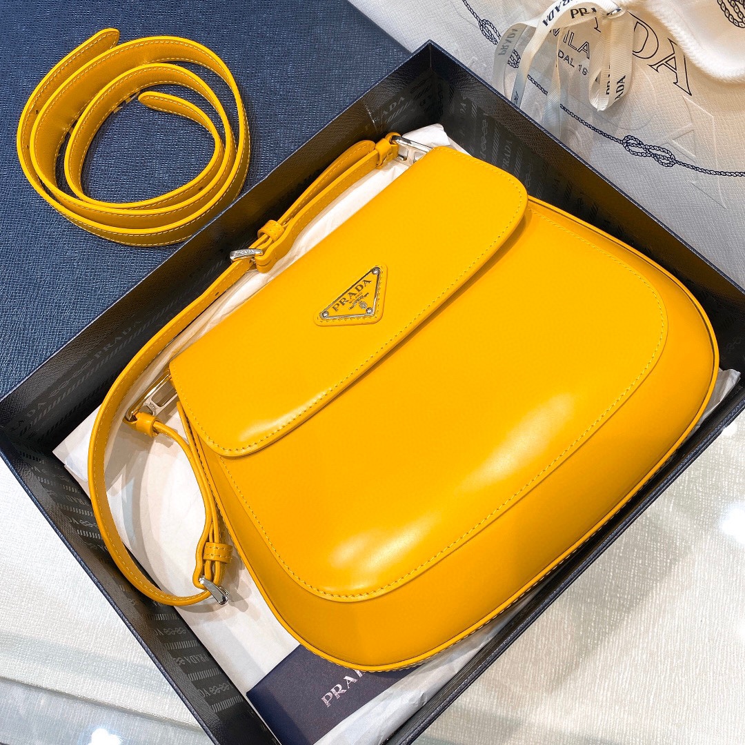 Prada Cleo Brushed Leather Shoulder Bag In Yellow(24-19-6cm)   1BD303 - DopestKickz