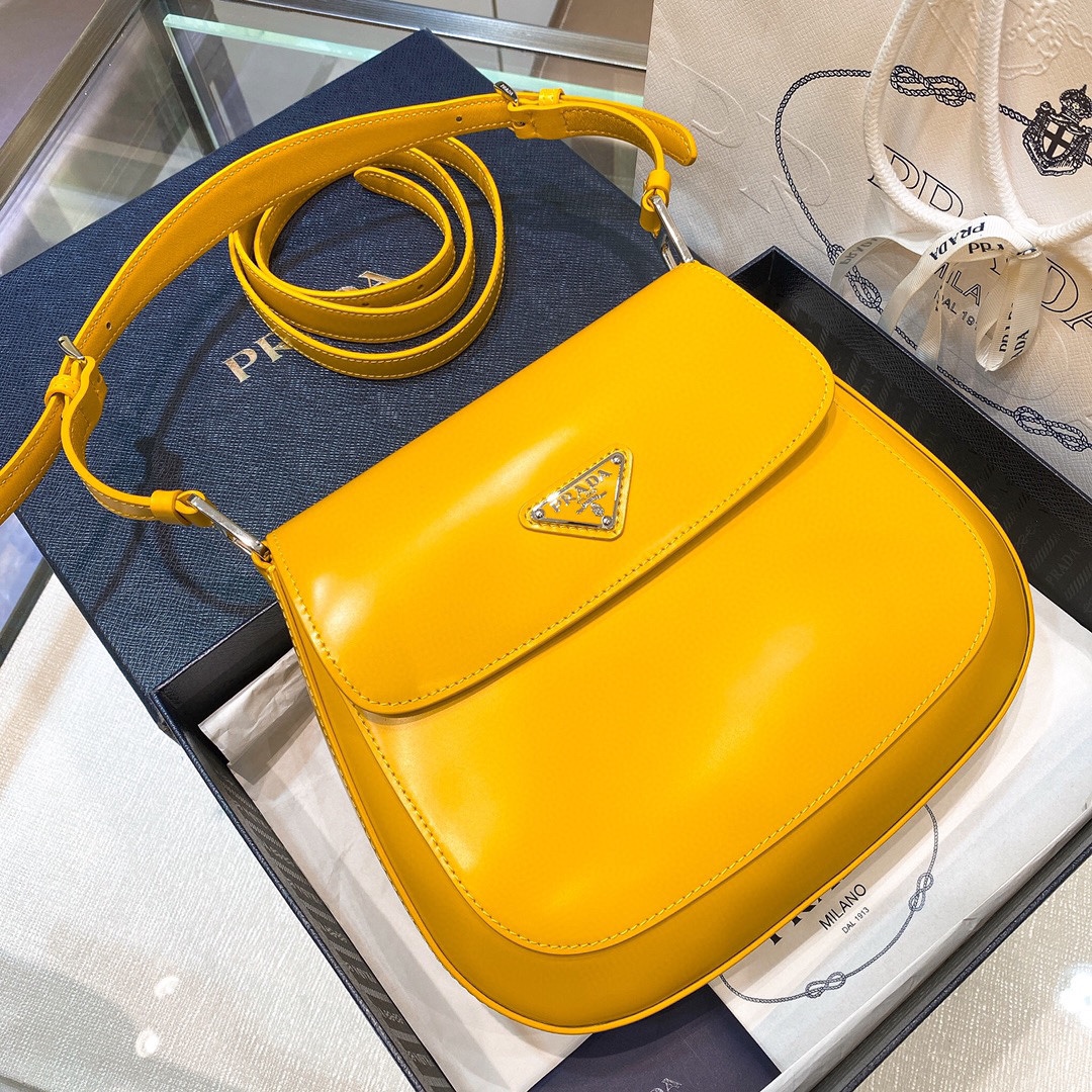 Prada Cleo Brushed Leather Shoulder Bag In Yellow(24-19-6cm)   1BD303 - DopestKickz