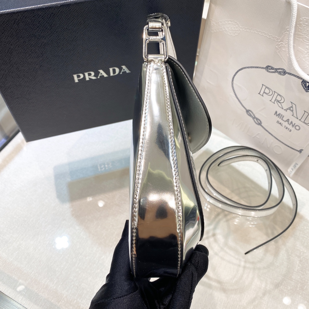 Prada Cleo Brushed Leather Shoulder Bag In Silver(24-19-6cm)   1BD303 - DopestKickz