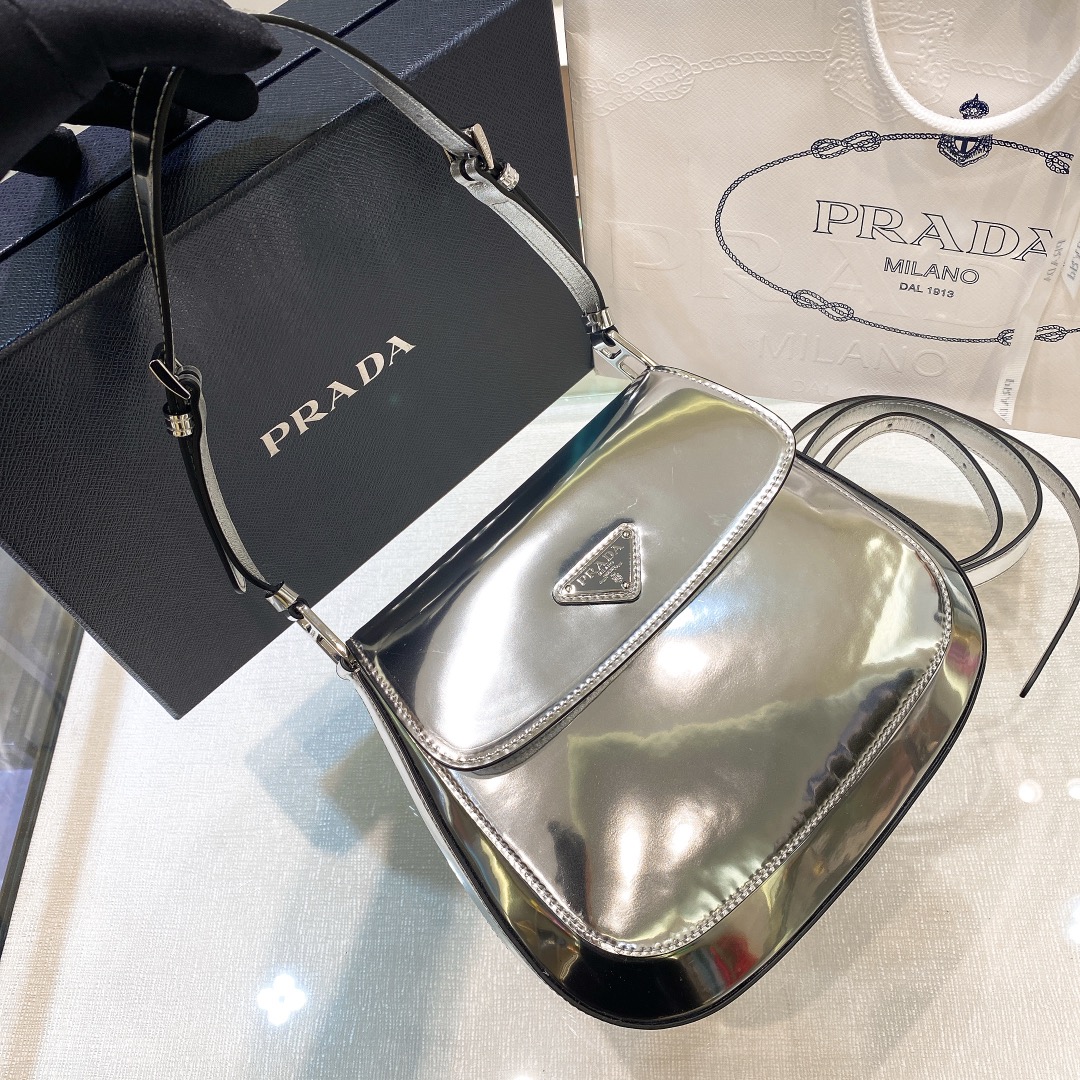 Prada Cleo Brushed Leather Shoulder Bag In Silver(24-19-6cm)   1BD303 - DopestKickz