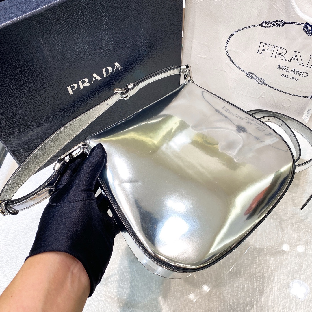Prada Cleo Brushed Leather Shoulder Bag In Silver(24-19-6cm)   1BD303 - DopestKickz