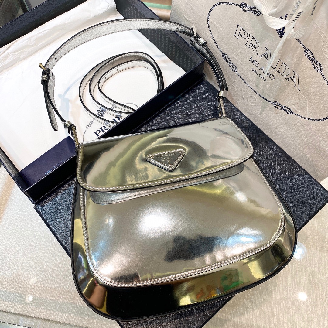 Prada Cleo Brushed Leather Shoulder Bag In Silver(24-19-6cm)   1BD303 - DopestKickz