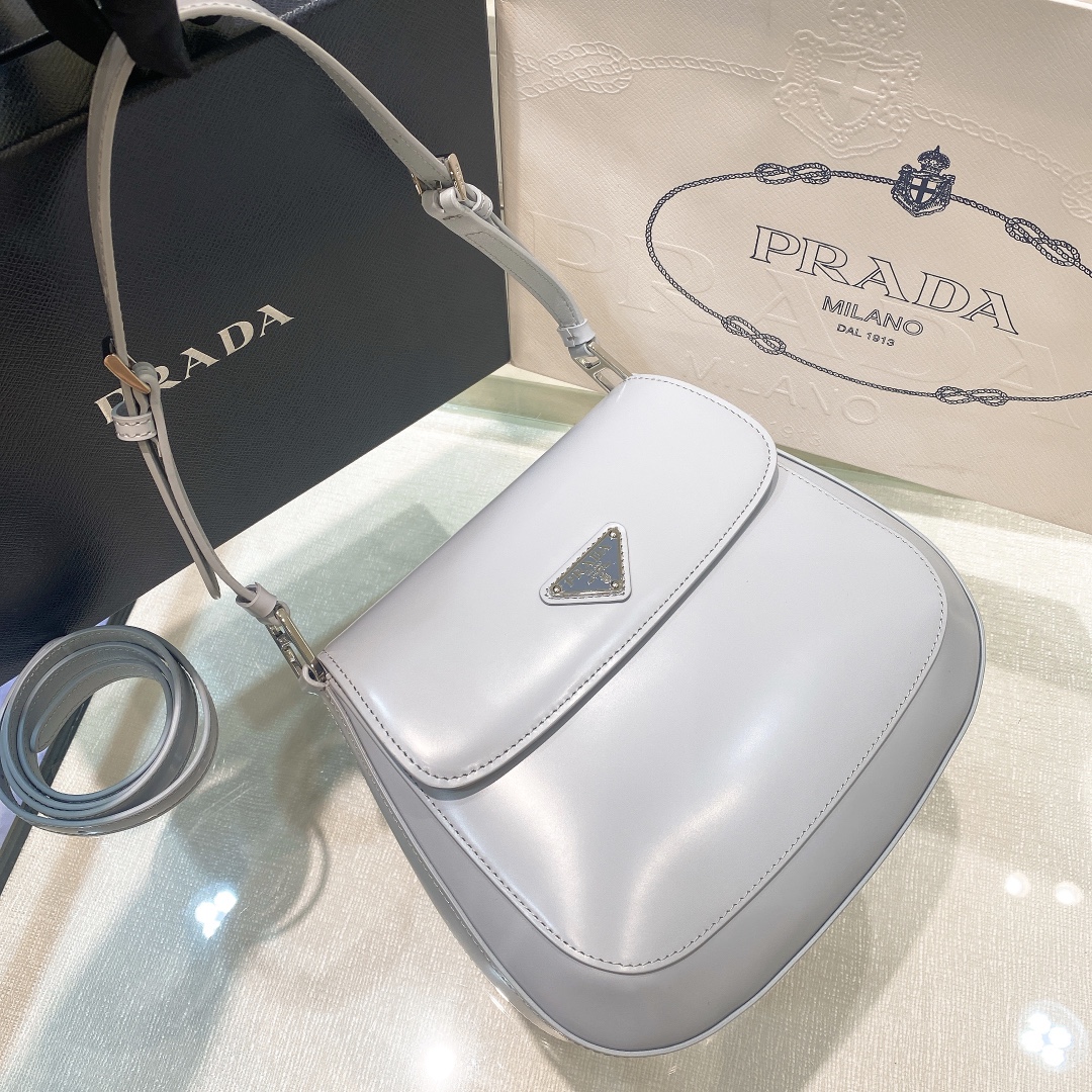 Prada Cleo Brushed Leather Shoulder Bag In Grey(24-19-6cm)   1BD303 - DopestKickz