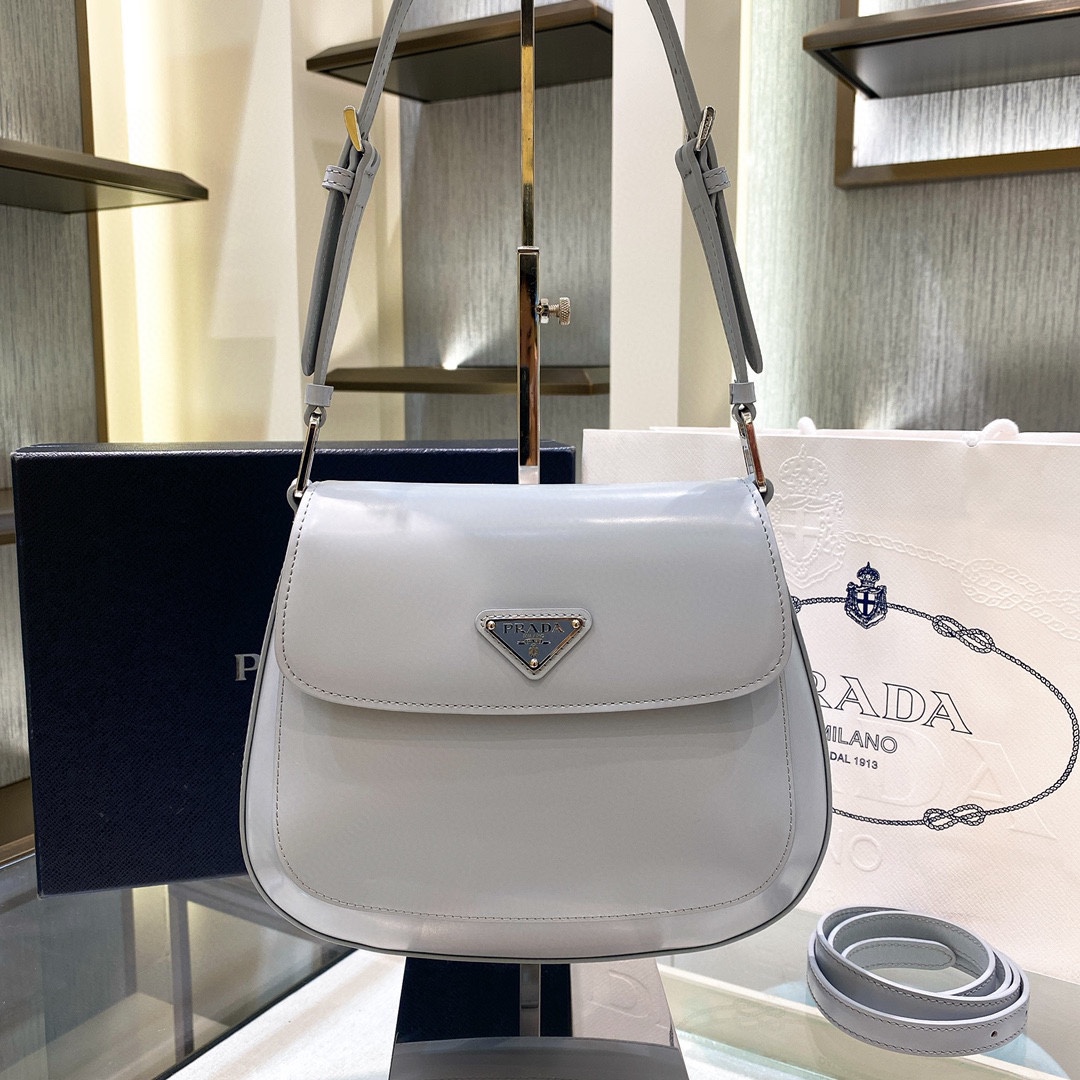 Prada Cleo Brushed Leather Shoulder Bag In Grey(24-19-6cm)   1BD303 - DopestKickz