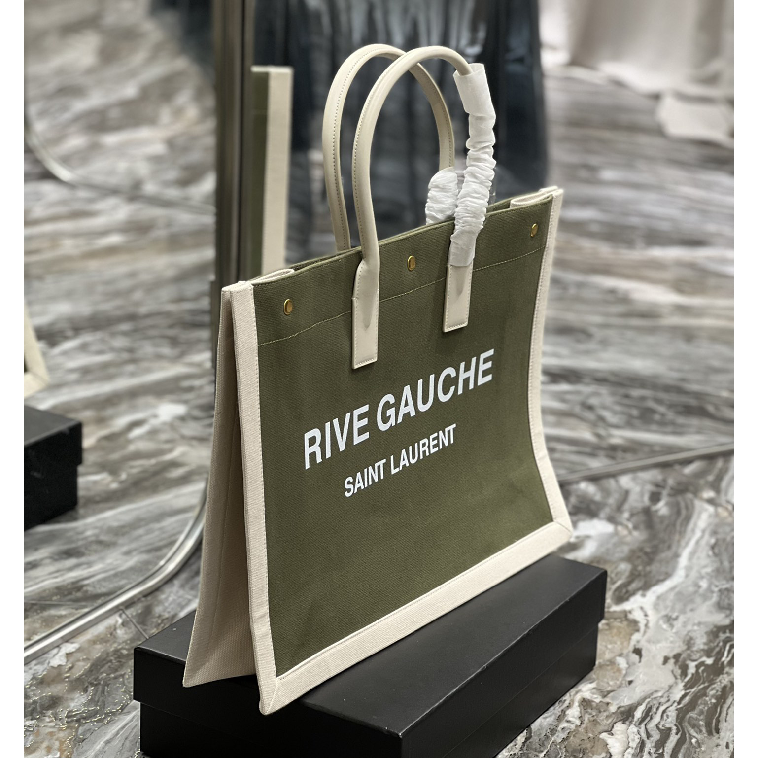 Saint Laurent Rive Gquche Tote Bag In Linen And Smooth Leather(48-36-16cm) - DopestKickz