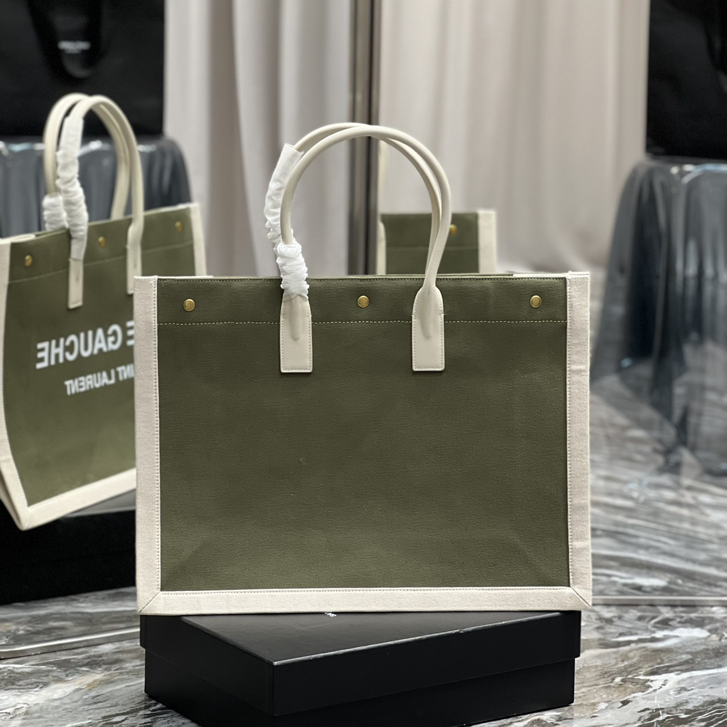 Saint Laurent Rive Gquche Tote Bag In Linen And Smooth Leather(48-36-16cm) - DopestKickz